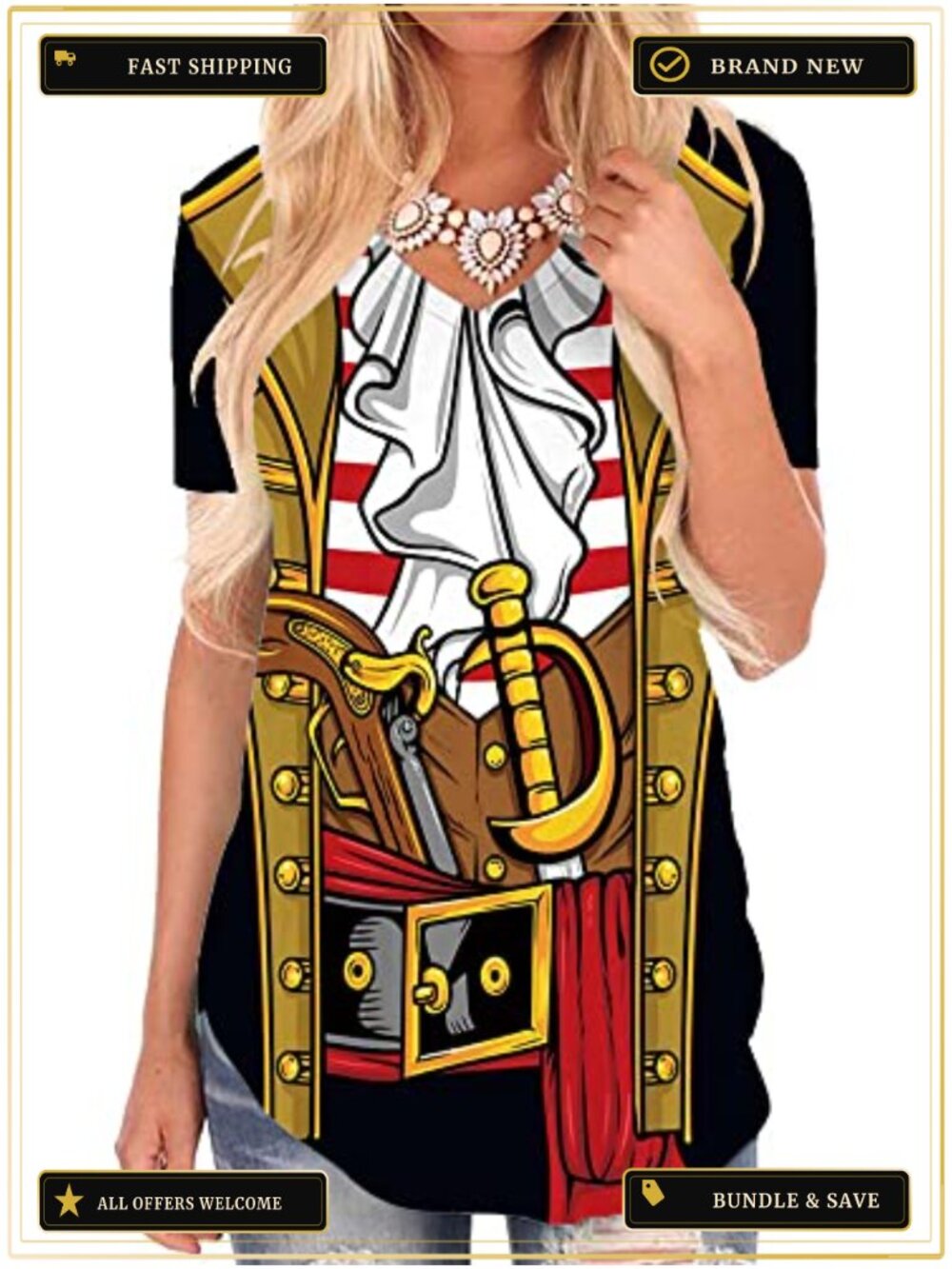 KYKU Pirate Costume T-Shirt Women V-Neck Short Sleeve Funny Print Novelty Tee
